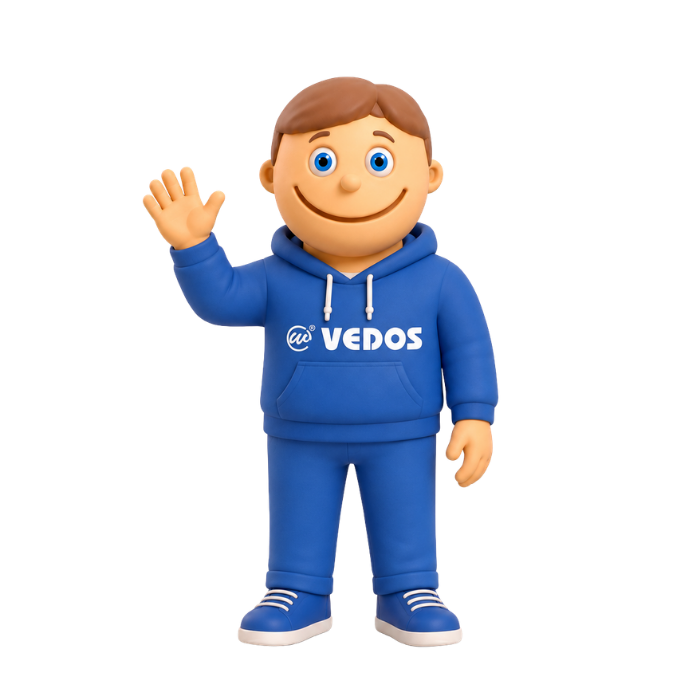 The VEDOS mascot waving hello